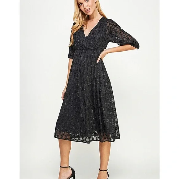 Nwt Glitter Empire Waist Midi Dress | Color: Black | Size: S | Kprankin's Closet